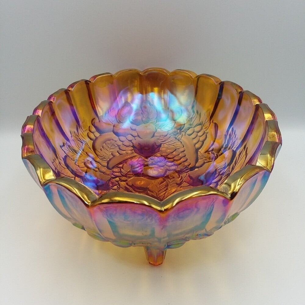 Vintage Iridescent Carnival Glass Bowl Oval Footed Harvest Grape Fruit‎  12x9